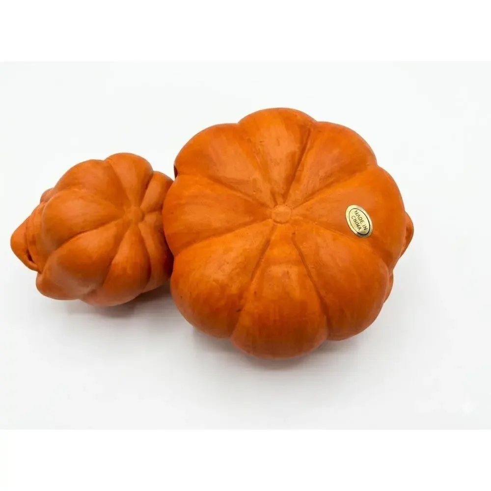 Vintage Pumpkin Figurine Set of 2 - 1990s Tall & Squat Jack-O-Lanterns Halloween